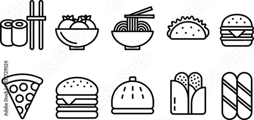 Minimalist line food icons set with sushi, dumplings, ramen, tacos, burgers, pizza slice, fries, nuggets, wrap and fast food symbols