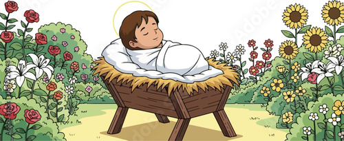 Baby Jesus in a manger. Christmas scene with flowers. Cartoon illustration of newborn Jesus. White background. Garden with sunflowers and roses. Vector religious icon.