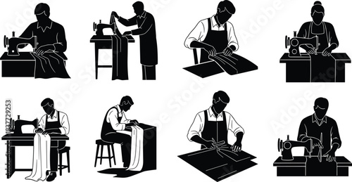 Vector silhouette collection of professional tailors and seamstresses operating sewing machines and cutting fabric, illustrating garment production and manual trade careers.