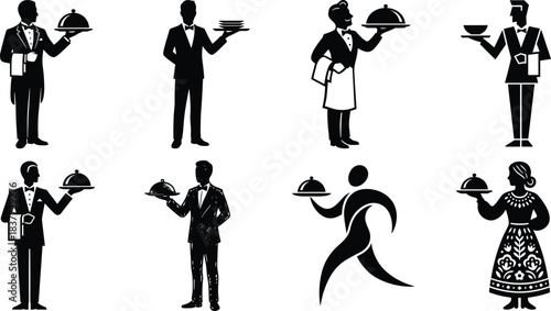 Vector silhouette collection of professional waiters and servers holding trays and cloches, illustrating catering service, hospitality, fine dining, and restaurant careers.