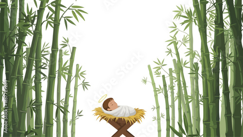 Jesus Christ in a manger. Baby Jesus sleeping. Christmas illustration. White background. Bamboo forest. Vector illustration. Newborn Jesus. Manger scene. Christian art. Religious icon.