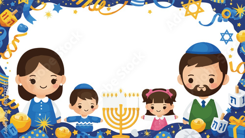 Happy Jewish family with kids. Cartoon illustration of mother, father, boy and girl celebrating Hanukkah. Traditional Jewish symbols and decorations. Vector border design on white