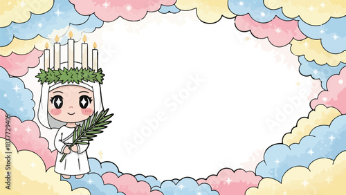 Christmas frame with cartoon girl. Holiday border with candles and greenery. Colorful cloud pattern. Vector illustration for greeting card or invitation. Festive design element. White