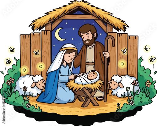 Nativity scene with Mary, Joseph, and baby Jesus. Holy family in manger. Wooden shed with hay. Sheep and flowers around. Night sky with moon and stars. Vector illustration of Christmas