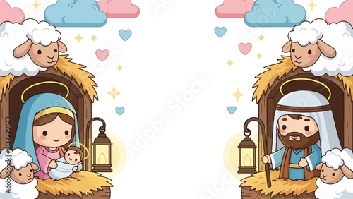 Christmas nativity scene. Vector illustration of Mary, Joseph, and baby Jesus. Cartoon sheep and clouds. Hearts and stars. Double scene with manger and hay. Religious holiday icon set.
