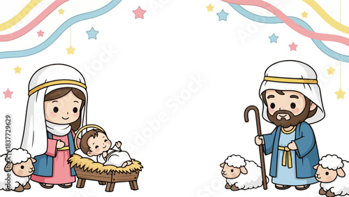 Nativity scene with Mary, Joseph, and baby Jesus. Cartoon illustration of holy family and sheep. White background. Christmas and Easter themed vector graphics. Religious characters.