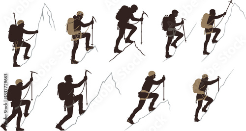 Vector silhouette collection of rock climbers and mountaineers ascending steep mountains using ropes and ice axes, illustrating extreme sports and challenging ascents.