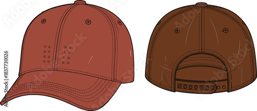 Baseball cap illustration, front and back view, reddish-brown color, stitching details, snap closure, adjustable strap, fashion sketch