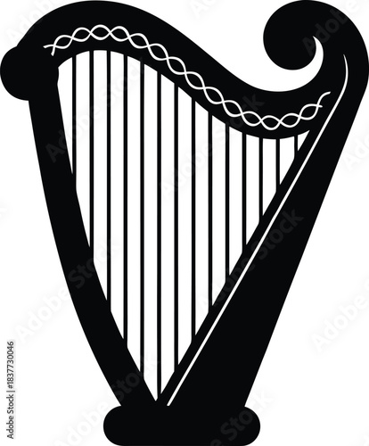 Irish Harp silhouette black vector traditional Celtic harp with white decorative string