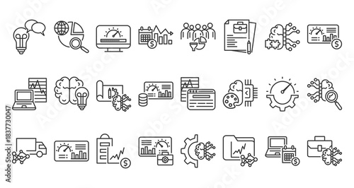 Icon Pack of Business Intelligence in Creative Outline Vector Style for Data Analytics Dashboard Visualization Reporting Forecast KPI Management AI Analysis and Performance Insight Design