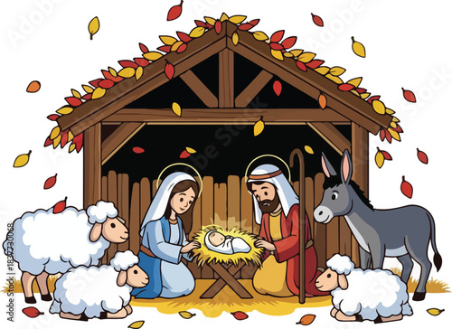 Nativity scene with Mary, Joseph, Jesus, and animals. Christmas manger illustration. Holy family and shepherds with sheep. Vector cartoon characters. Wooden shed with autumn leaves. White