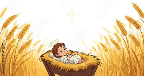 Baby Jesus in a manger. Christmas nativity scene. Cartoon illustration of newborn baby. Hay and wheat background. Star above. Vector graphic for holiday greeting card or poster.