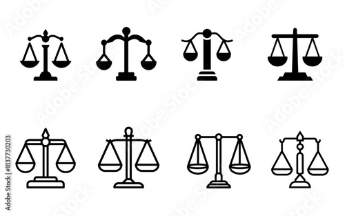 Scales of Justice Icon Set, Law, Legal Balance, and Court Symbol Vector Collection
