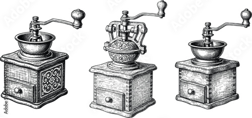 A detailed black and white illustration featuring three distinct styles of antique hand-crank coffee grinders arranged side-by-side. Each grinder has a box base with a small drawer and a hopper on top
