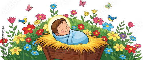 Baby Jesus in a manger. Sleeping infant with halo. Spring flowers and butterflies. Vector illustration of nativity scene. Christian holiday icon. Religious symbol. White background. Pastel