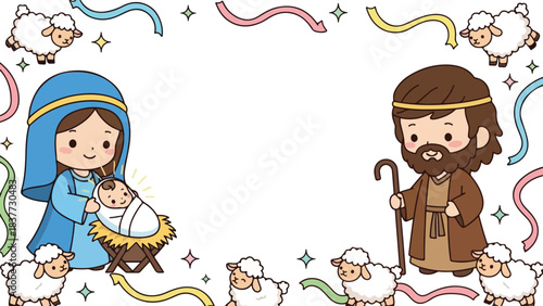 Mary, Joseph, and baby Jesus. Cartoon Christmas characters. Holy family illustration. White background. Vector drawing.