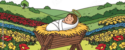 Baby Jesus in a manger. Christmas scene with flowers. Cartoon illustration of newborn baby. White cloth and straw. Green hills and colorful flowers background. Vector drawing.