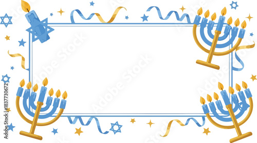 Hanukkah frame with menorahs. Jewish holiday border. Blue and gold decorations. Star of David. Vector illustration on white background. Festive template for greeting card or celebration.