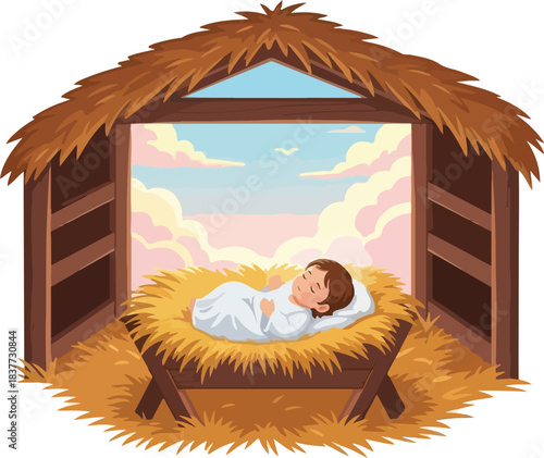 Cartoon illustration of baby jesus sleeping in a manger.