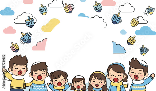 Happy Jewish children. Kids in traditional clothes. Drummers and clouds. White background. Vector illustration. Jewish culture. Kids celebration. Traditional dress. Drumming kids. Colorful