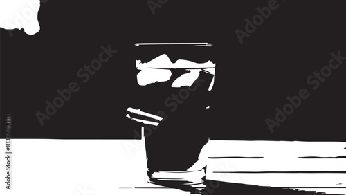 Monochrome abstract coffee cup on table with high contrast and minimal composition.