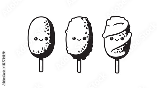 Three cute cartoon popsicles with smiling faces in bright colors, a playful summer dessert display.