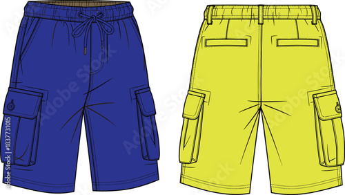 Front and back view of cargo shorts, elastic waistband, drawstring, flap pockets, fashion design, apparel illustration, retail catalog, summer wear