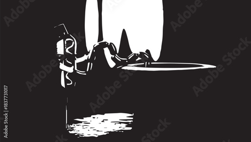 Silhouette of Surfer with Board at the Shoreline by the Water for a Dynamic Beach Scene.