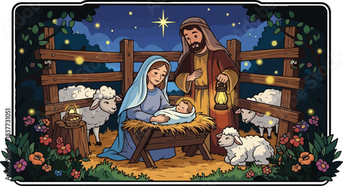 Cute cartoon nativity scene with holy family and sheep at night.