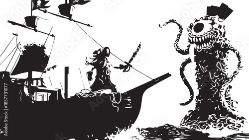 Old Pirate Ship Battles a Giant Sea Monster in Dramatic Black and White.