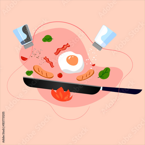 Cooking breakfast with pan. salt. pepper. sausage. bacon. fried eggs. vector