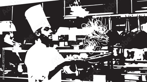 Chef in busy kitchen preparing plated dish with attentive staff and high energy service.