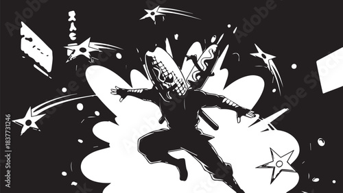 Silhouette of a Dancing Figure Surrounded by Abstract White Burst Shapes.