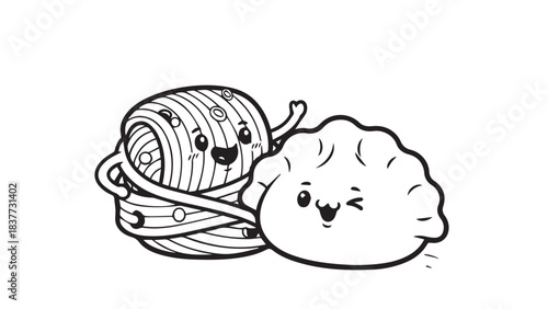 Cute cartoon yarn ball and fluffy cotton puff enjoying a cozy crafting moment.