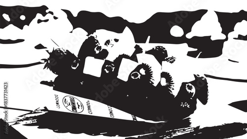 High-Energy Rafting Team Navigates Whitewater Rapids Together in Action.