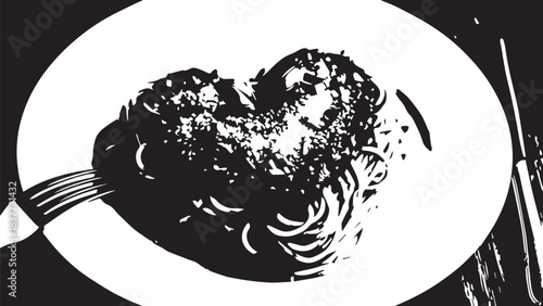 Monochrome illustration of a brain on a plate with a fork, eerie surreal food artwork.