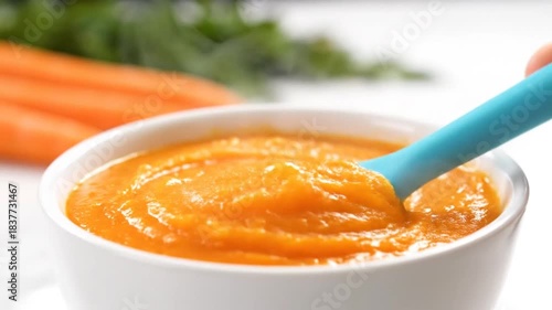 A close-up shot of a white bowl filled with vibrant orange carrot puree, with a blue spoon scooping a portion, ready for a baby.