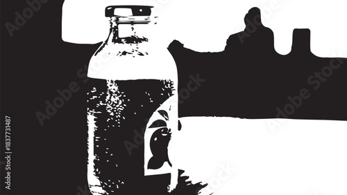 High contrast monochrome bottle on a bar counter with blurred background.