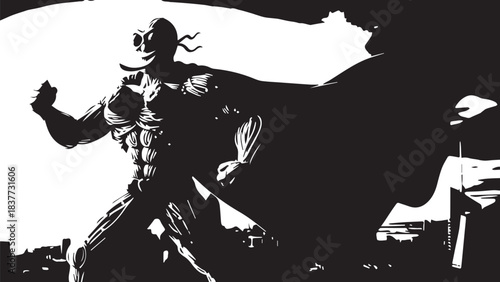 Silhouetted armored warrior with flowing cape standing in dramatic fantasy pose.