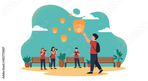 Flat vector illustration depicting a male tourist with a backpack releasing a glowing sky lantern during a cultural festival, accompanied by photographers capturing the beautiful moment in a park sett