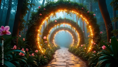 Romantic Floral Light Archway Vector, Decorative Garden Path Scene, Wedding Background and Dreamy Wallpaper