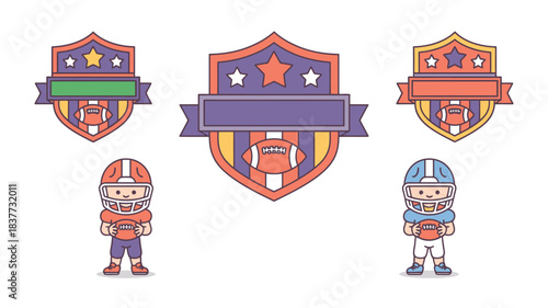 Cute Cartoon Football Players and Crests Featuring Footballs and Stars on a White Background