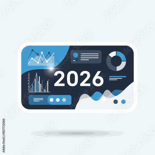 A modern digital dashboard displaying data analytics with graphs, charts, and the year 2026, representing future business trends and financial projections.
