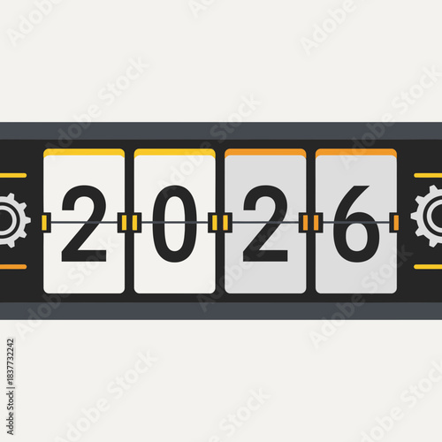 A detailed illustration of a retro flip clock mechanism displaying the year 2026 with visible gears on a light background.