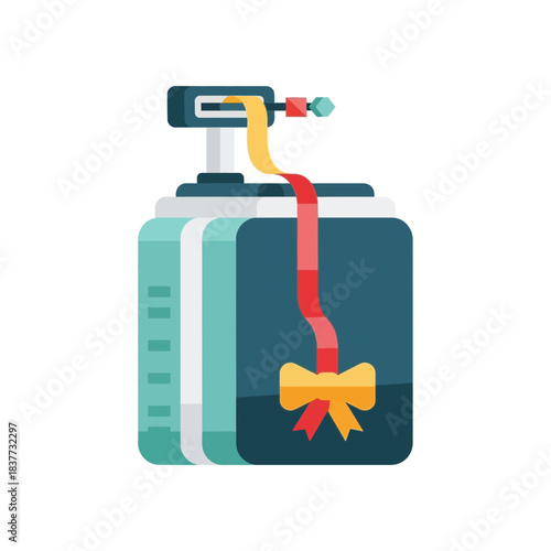 Stylized illustration of a gift box being wrapped with a red ribbon and a yellow bow, featuring a wrapping mechanism.