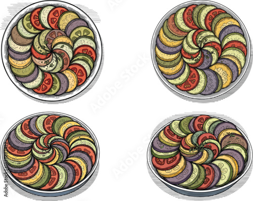 French Ratatouille Round Layer Bake Food Illustration Icon Set with Colorful Sliced Vegetable Spiral Arrangement Art
