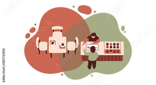 Flat vector illustration of a customer ordering pastries at a bakery counter with a staff member serving and a dining table set for two.