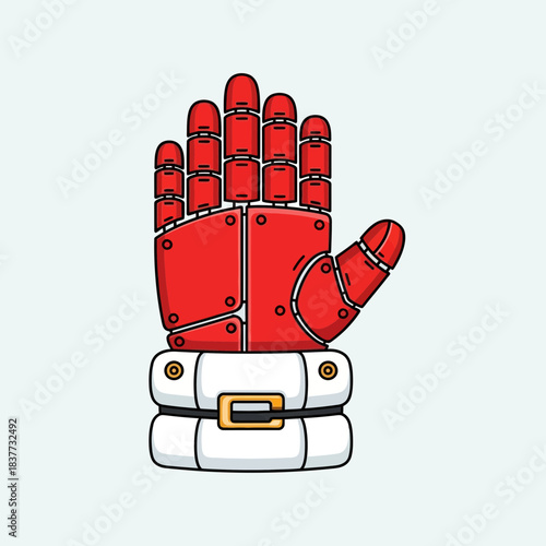 Vibrant red robotic hand with segmented fingers and a white cuff featuring a golden buckle, presented on a light background.