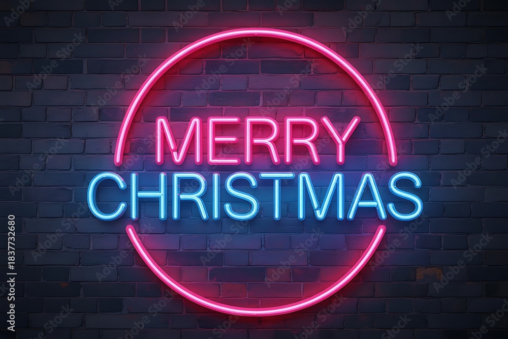Obraz premium Bright Neon Merry Christmas Sign on Dark Brick Wall for Modern Holiday Celebration and Night Ambience