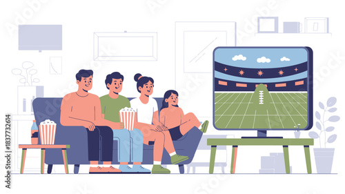 Family Watching Super Bowl Sunday Football Game Together On TV With Popcorn At Home